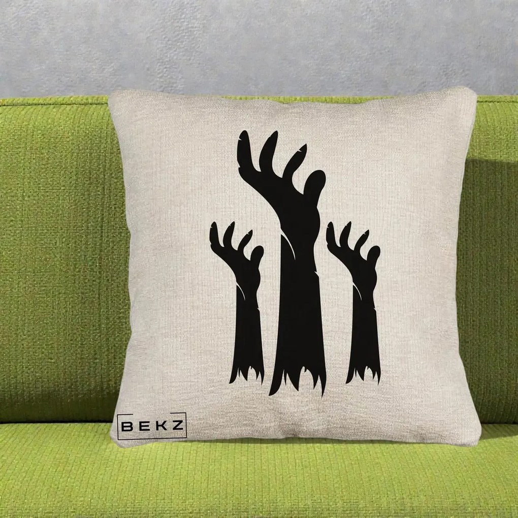 Perna Decorativa Halloween Maini Zombie Alb-Negru, 40x40 cm, Bej Canapea, Husa Detasabila, Perna Inclusa, BEKZ®