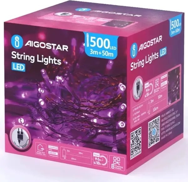 Aigostar - LED Ghirlandă de Crăciun pentru exterior 500xLED/8 funcții IP44 roz