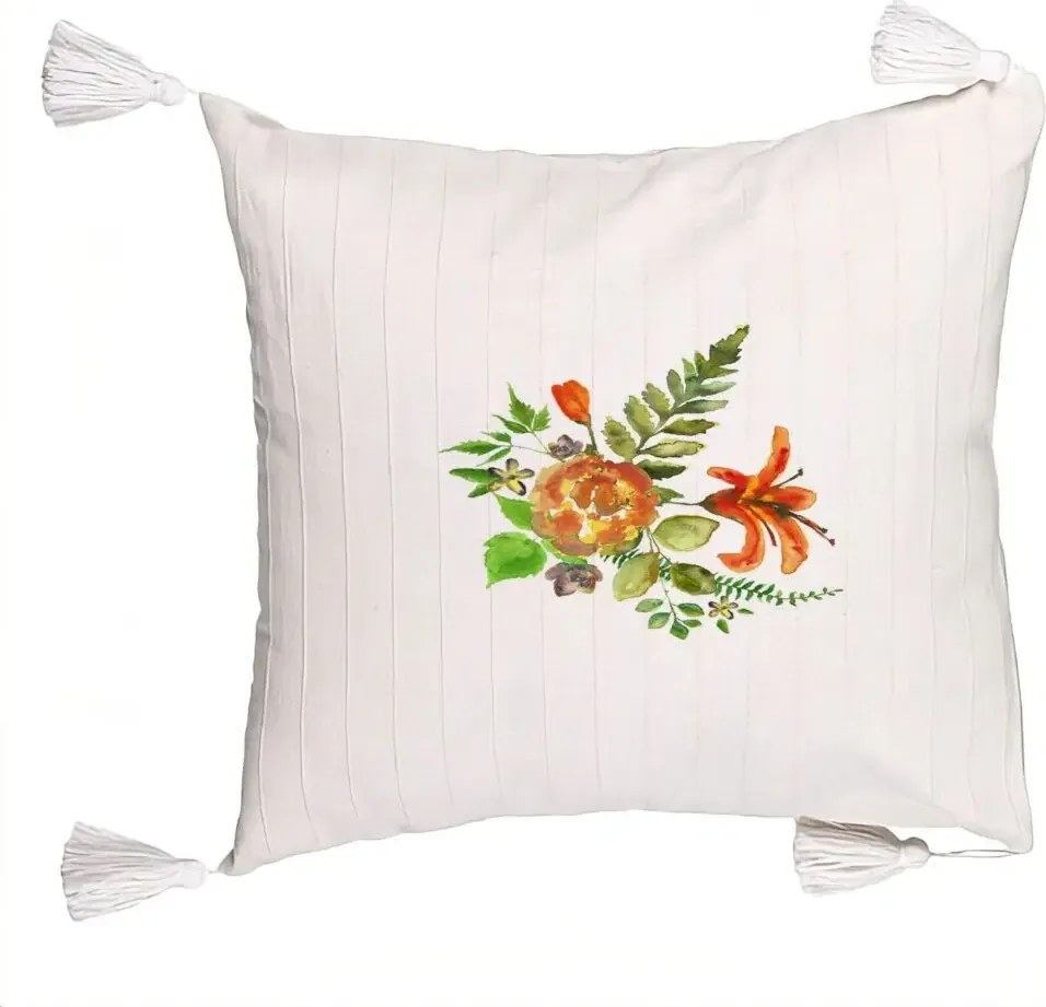 Perna Decorativa cu Franjuri, Model Florale, 40x40 cm, Bej cu Franjuri, Husa Detasabila, Perna Inclusa, BEKZ®