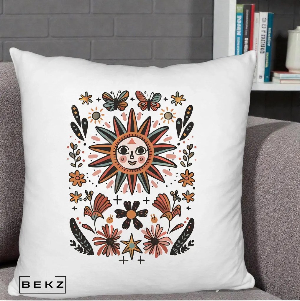 Perna Decorativa Soare Boho Folk Fluturi, 40x40 cm, Alb Pufos, Husa Detasabila, Perna Inclusa, BEKZ®