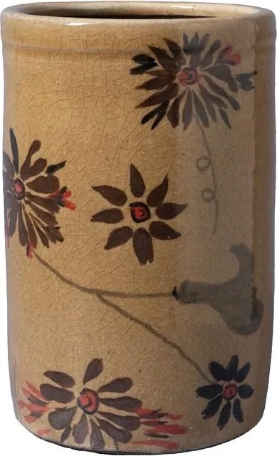 Borcan din ceramică artizanală natur cu capac, motive florale și păsări pictate manual, maro și roșu, 22,5 × 13,5 cm, „Campana"