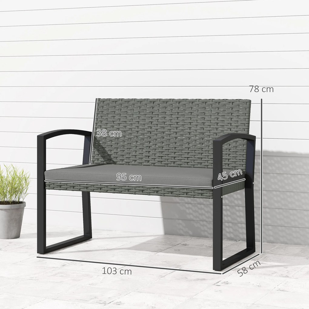 Outsunny Banc de grădină 2 locuri, banc de exterior din resină împletită PE cu pernă, oțel galvanizat, 103x58x78cm, gri și negru | Aosom Romania