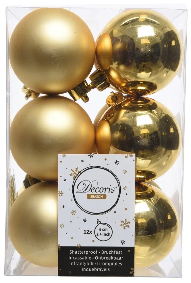 Cutie cu 12 globuri asortate Gold Mix, Decoris, Ø6 cm, plastic, auriu