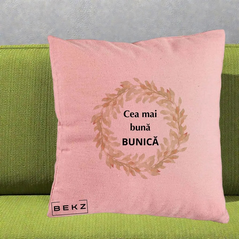 Cadou pentru Bunica - Perna Personalizata Cea Mai Buna Bunica Coronita Frunze Acuarela, 40x40 cm, Roz, Husa Detasabila, Perna Inclusa, BEKZ®