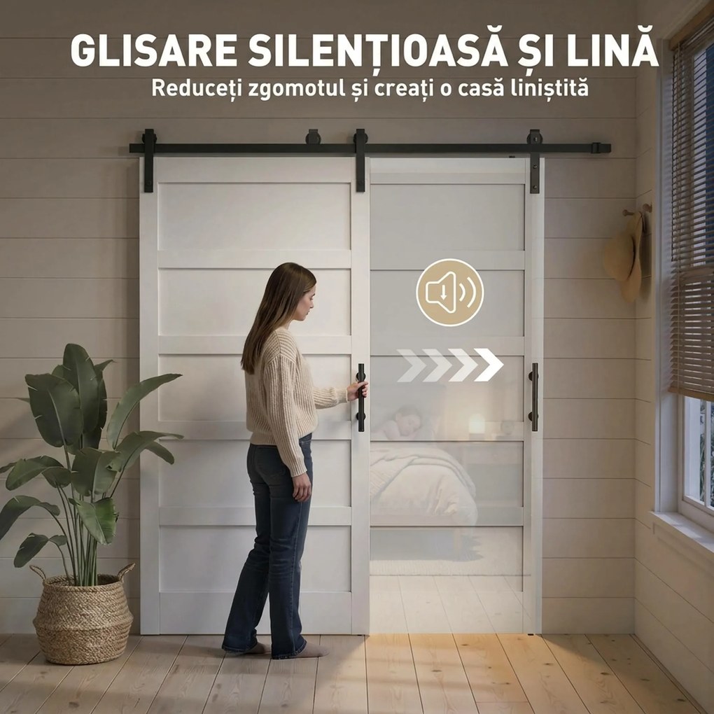 HOMCOM Ușă Glisantă Aplicată pe Perete 106.7x213.4 cm, Stil Shaker Industrial, Silențioasă, Impermeabilă, Albă | Aosom Romania