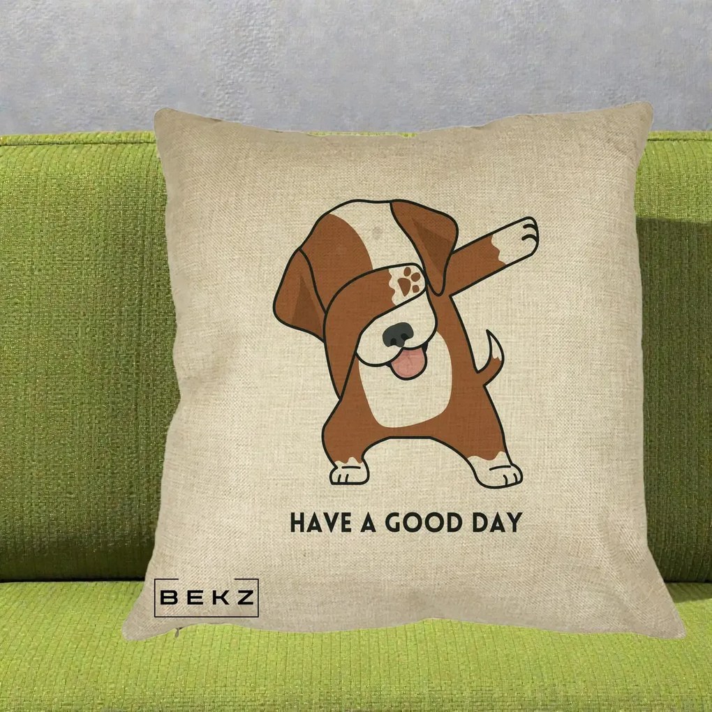 Perna Decorativa Caine Dab Have A Good Day, 40x40 cm, Crem, Husa Detasabila, Perna Inclusa, BEKZ®