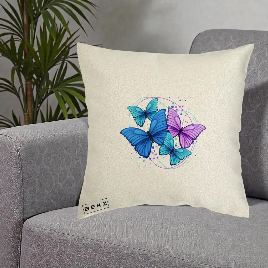 Perna Decorativa Patru Fluturi Turcoaz-Violet, 40x40 cm, Ecru, Husa Detasabila, Perna Inclusa, BEKZ®