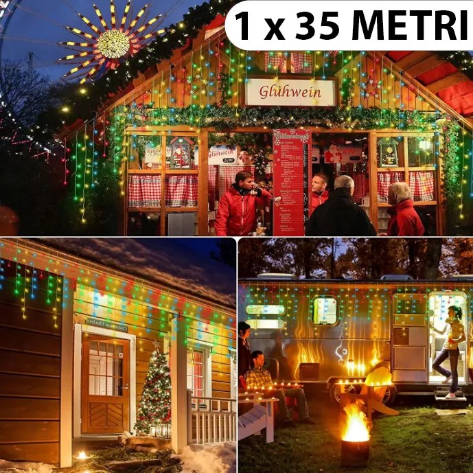 Instalație de Crăciun, 1 x 35 metri, franjuri cu flash, cu led tip țurțuri, fir gros, exterior, mult