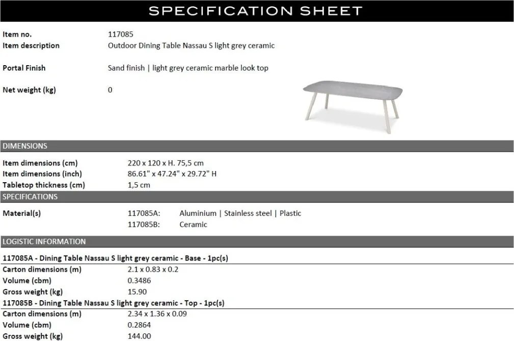 Masa exterior design LUX Nassau S 220x120cm