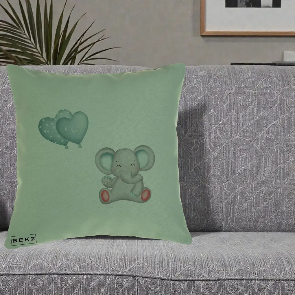 Perna Decorativa, Model Elefant si baloane in forma de inimioare, 40x40 cm, Verde, Husa Detasabila, Perna Inclusa, BEKZ®