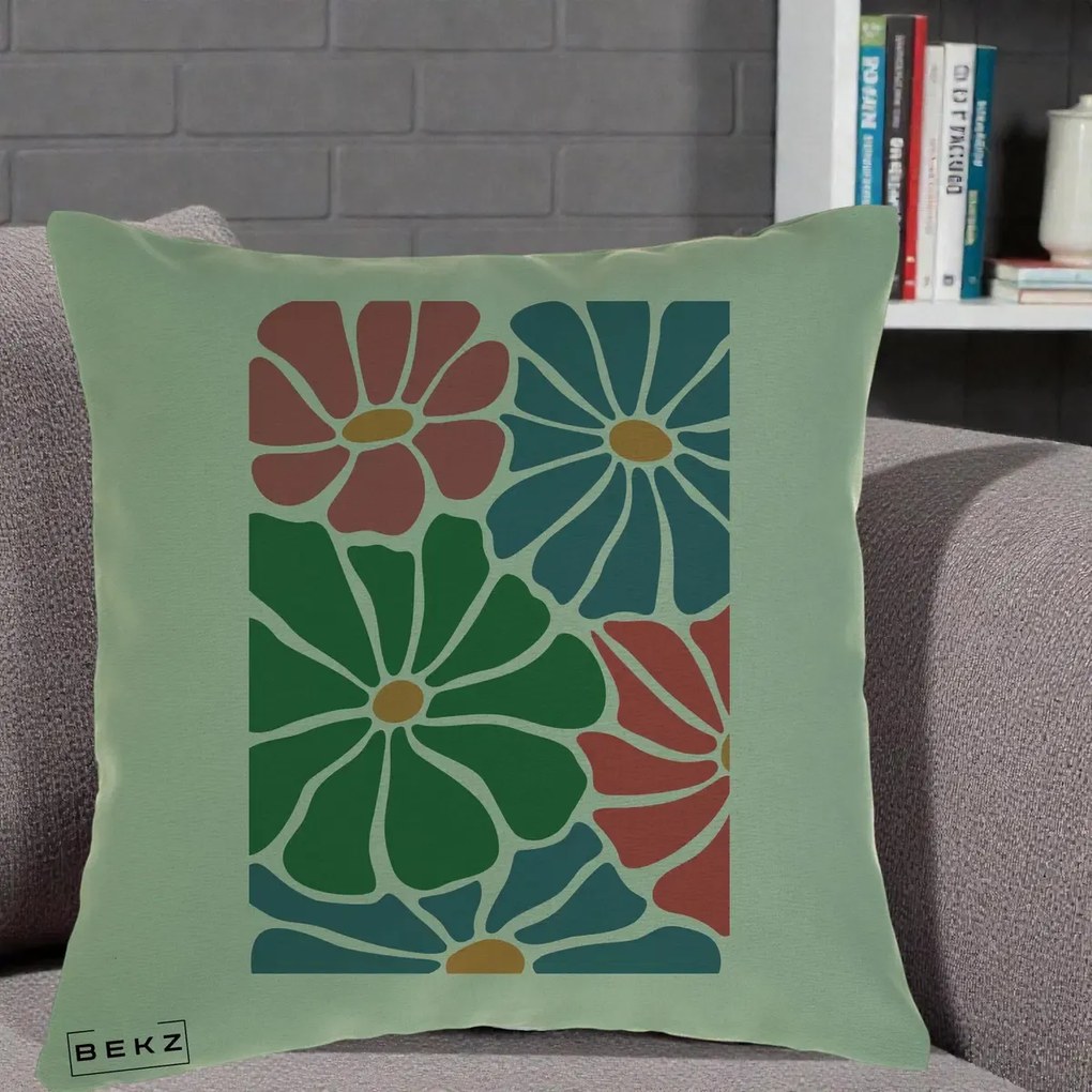 Perna Decorativa Flori Grafice Verde-Roz-Albastru, 40x40 cm, Verde, Husa Detasabila, Perna Inclusa, BEKZ®