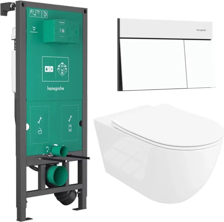 Rezervor incastrat Hansgrohe iFrame 112 cm cu clapeta iFrame Element E alb mat plus vas WC Rune Ivaldi Grande alb cu capac softclose