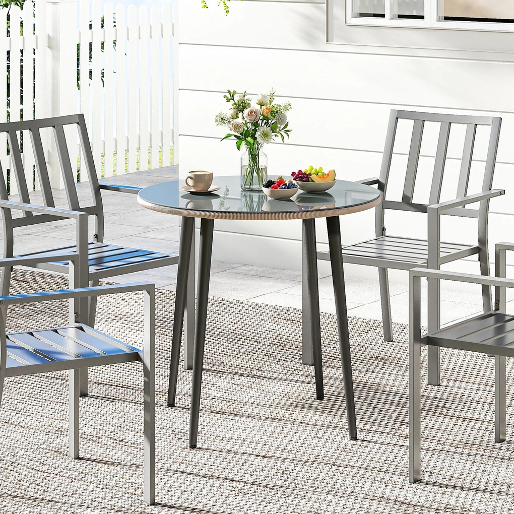 Outsunny Masă de luat masa pentru grădină cu blat din sticlă securizată cu margine din ratan cadru din oțel 80x80x74 cm gri | Aosom Romania