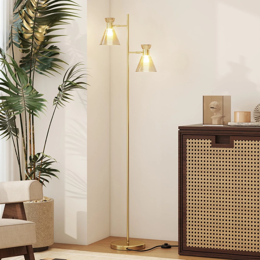 HOMCOM Lampă de podea modernă cu 2 lumini și capete reglabile, întrerupător cu pedală, aur | Aosom Romania