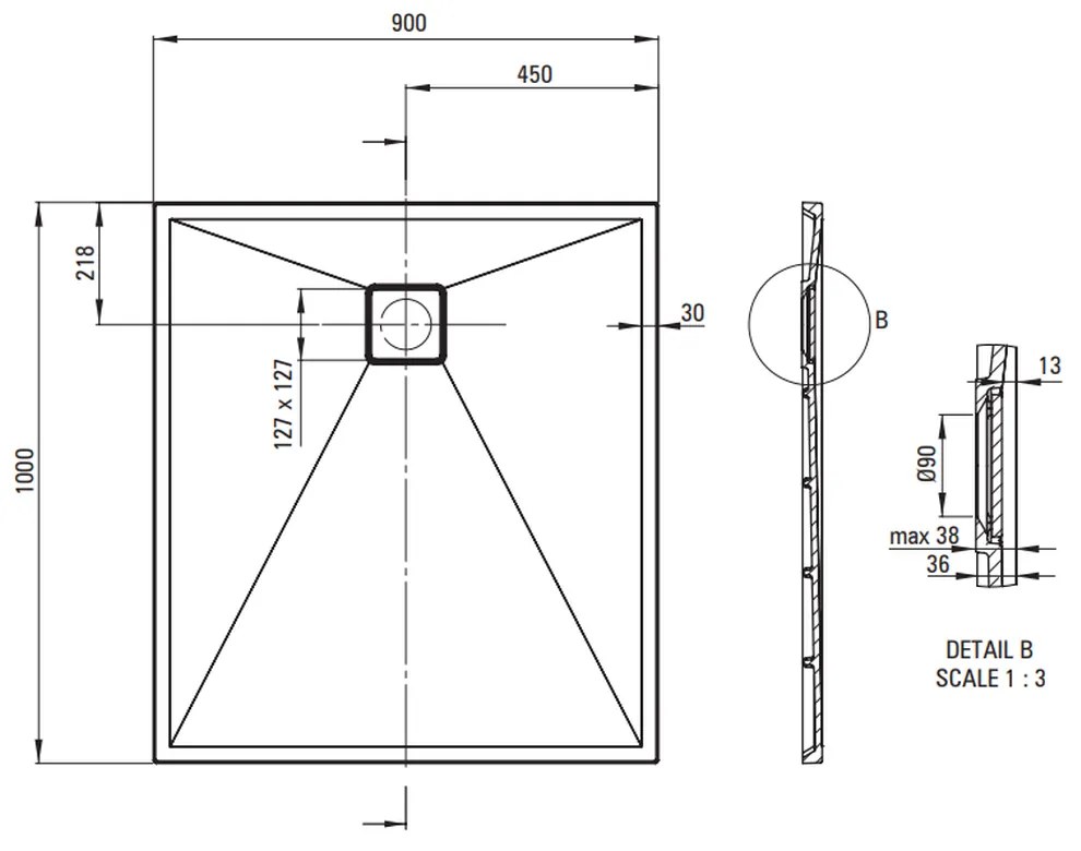 Cadita dus compozit slim alba 100x90 cm Deante Correo 1000x900 mm, Alb