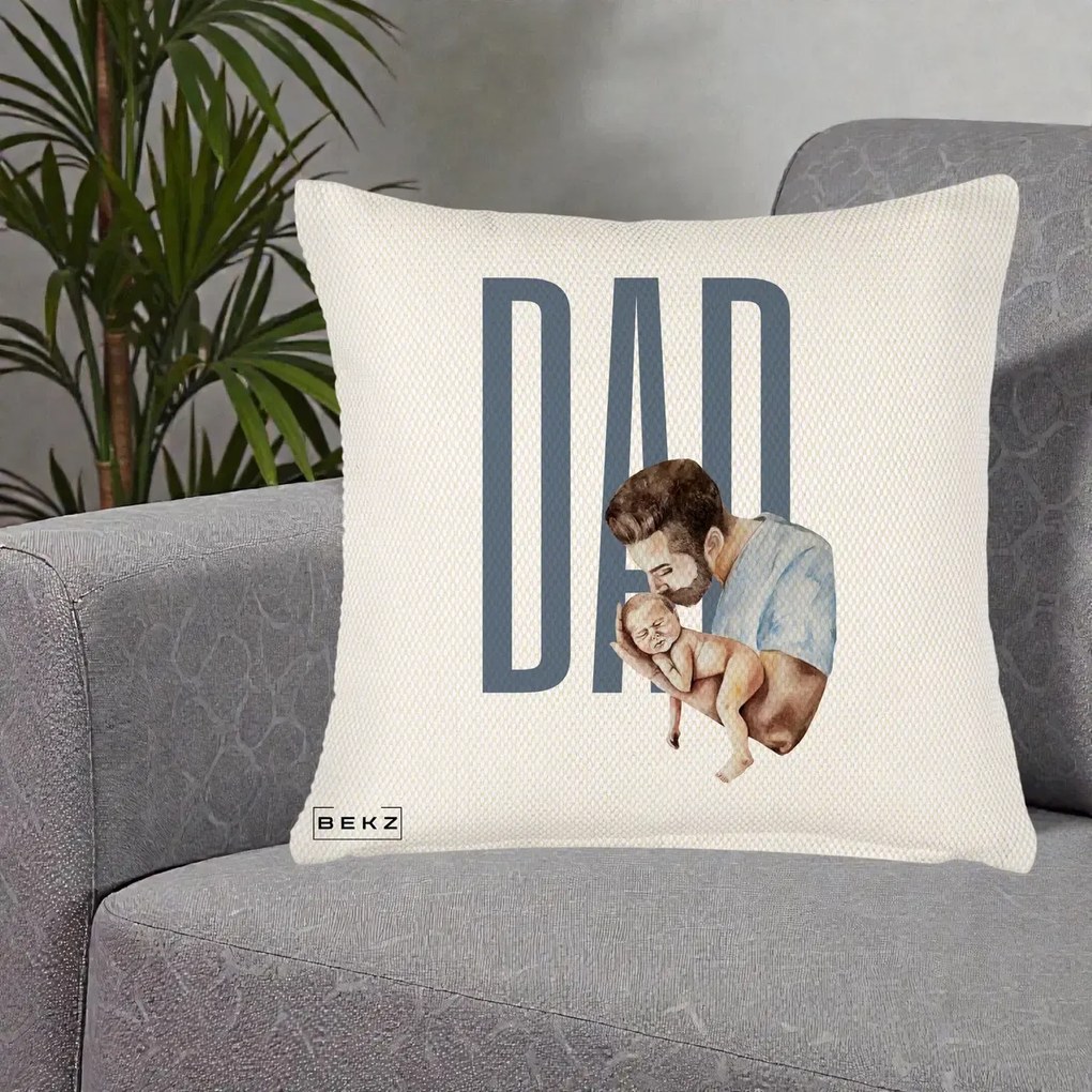 Cadou pentru Tata - Perna Personalizata DAD Tata si Nou-Nascut, 40x40 cm, Crem Reliefat, Husa Detasabila, Perna Inclusa, BEKZ®