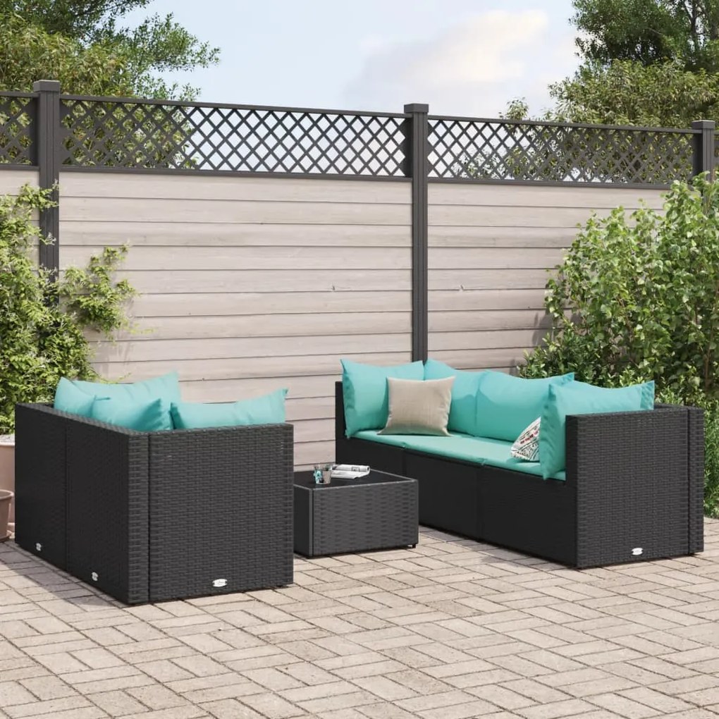 3308020 vidaXL Set mobilier de grădină cu perne, 6 piese, negru, poliratan