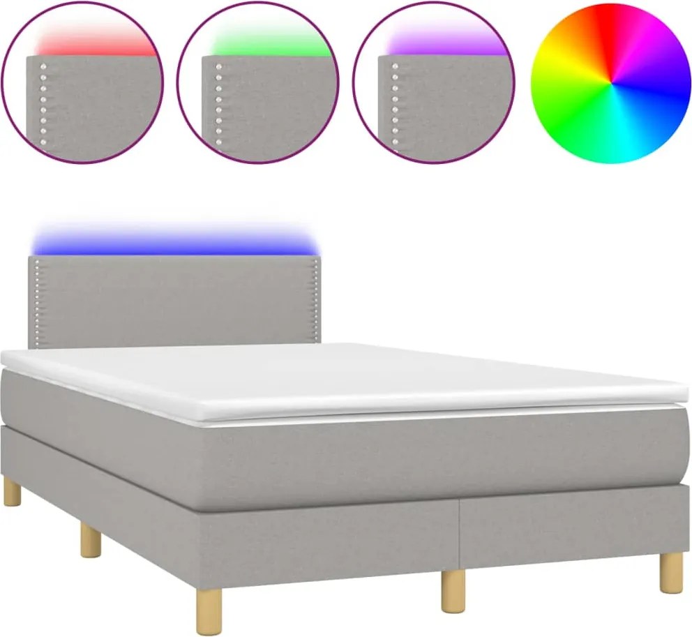 vidaXL Pat cu arcuri, saltea și LED, gri deschis, 120x200 cm, textil