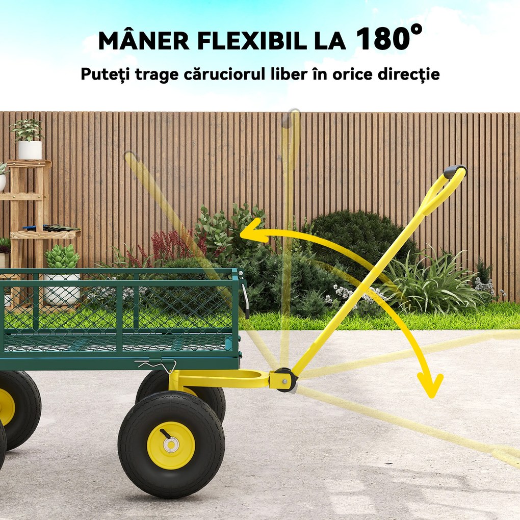 Outsunny Cărucior de Grădină Robust, Remorcă din Oțel cu Pereți Laterali Detașabili, Convertibil în Platformă, Roți de 25cm, Mâner Rotativ la 180°, Capacitate 200 kg, pentru Plajă, Peluză și Grădină, Verde | Aosom Romania