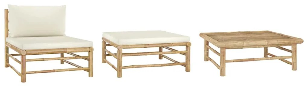 vidaXL Set mobilier de grădină, cu perne alb crem, 3 piese, bambus
