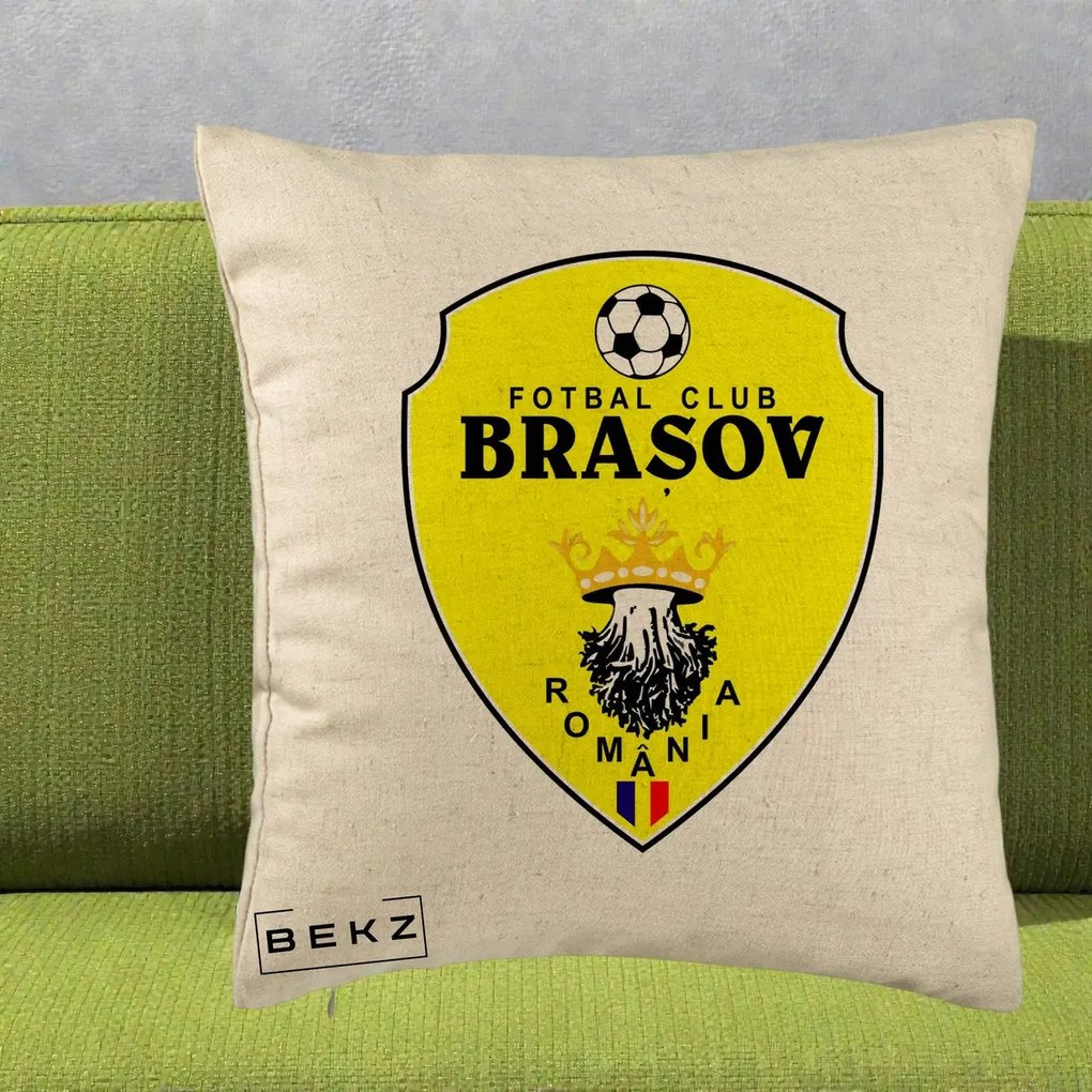 Perna Personalizata FC Brasov Fotbal Romania, 40x40 cm, Bej, Husa Detasabila, Perna Inclusa, BEKZ®