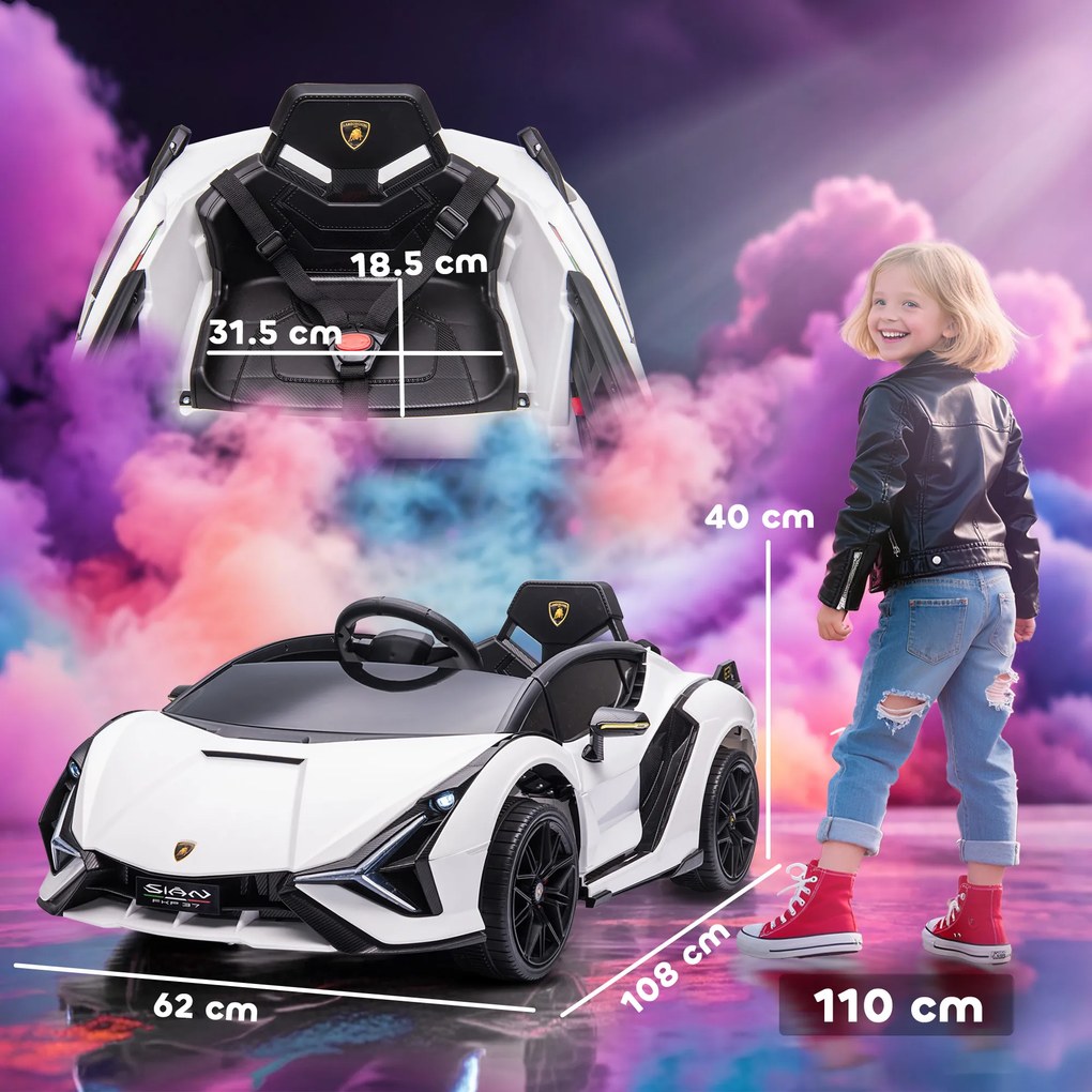 HOMCOM Mașină Electrică pentru Copii 3-5ani, Mașinuță Electrică Lamborghini cu Faruri, Muzică și Telecomandă, 108x62x40cm, Alb | Aosom Romania