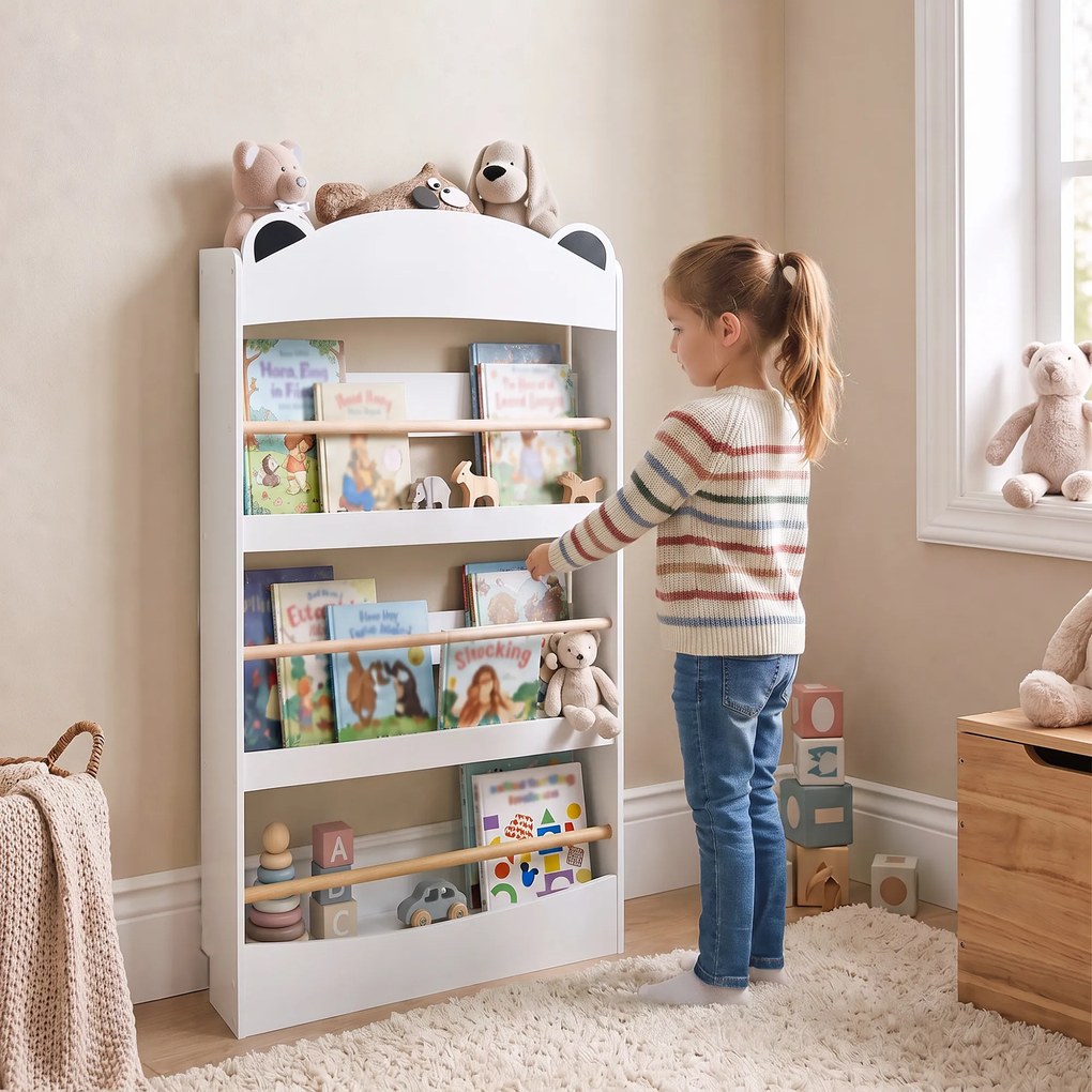 AIYAPLAY Bibliotecă Montessori pentru Copii 3-8 Ani, Ursuleț, cu 4 Polițe din Lemn, 50x15x97 cm, Alb | Aosom Romania