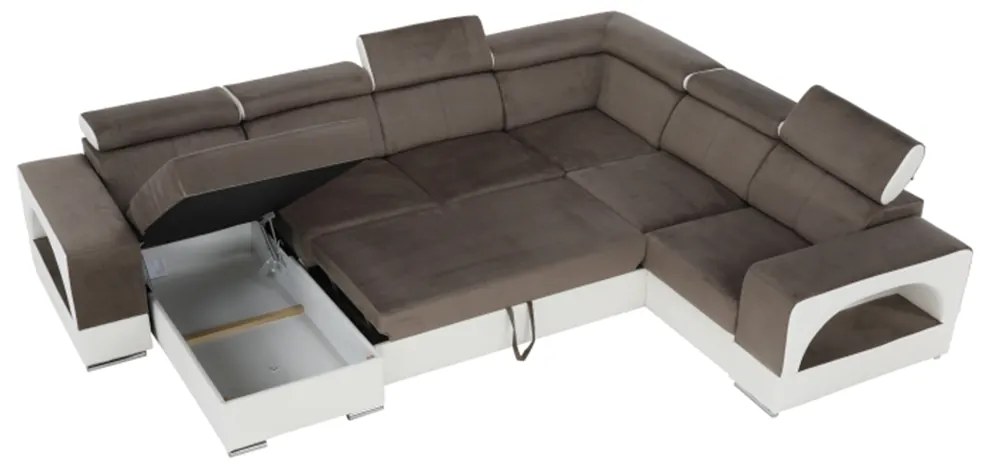 colţar în formă de U, piele ecologică albă/material textil maro, model stânga, KAMELIA