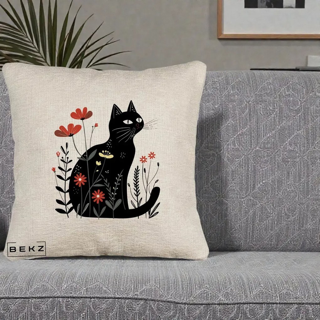 Perna Decorativa Pisica Neagra Flori Rosii Folk, 40x40 cm, Bej Canapea, Husa Detasabila, Perna Inclusa, BEKZ®