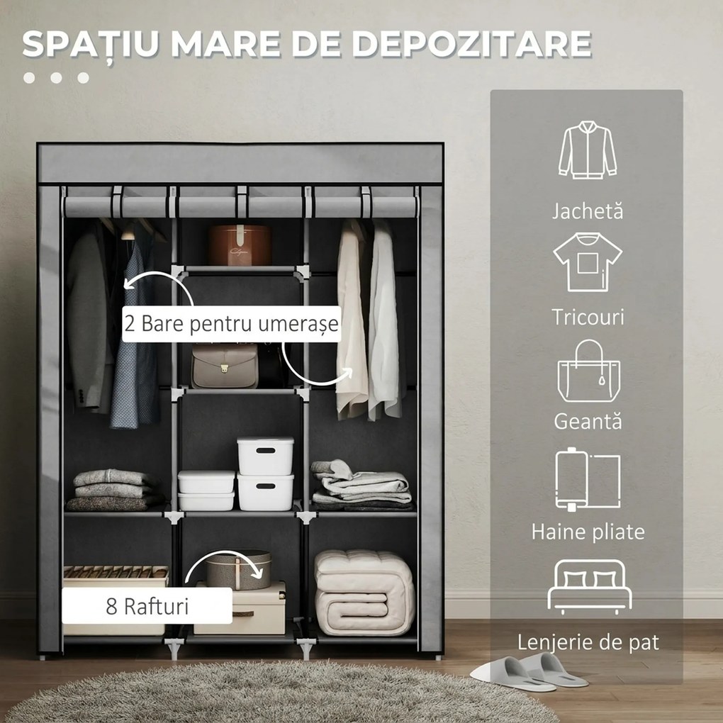 HOMCOM Dulap Economisire Spațiu cu Bază Înalțată, 8 Rafturi și 2 Bare, din Material Netesut și Oțel, Gri Deschis | Aosom Romania