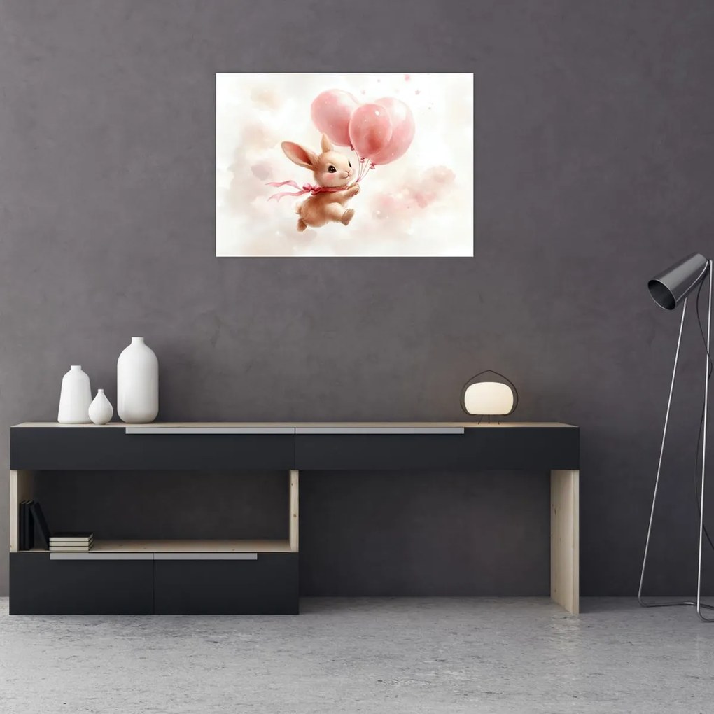 Tablou pe sticlă - Iepuraș cu Baloane (70x50 cm)