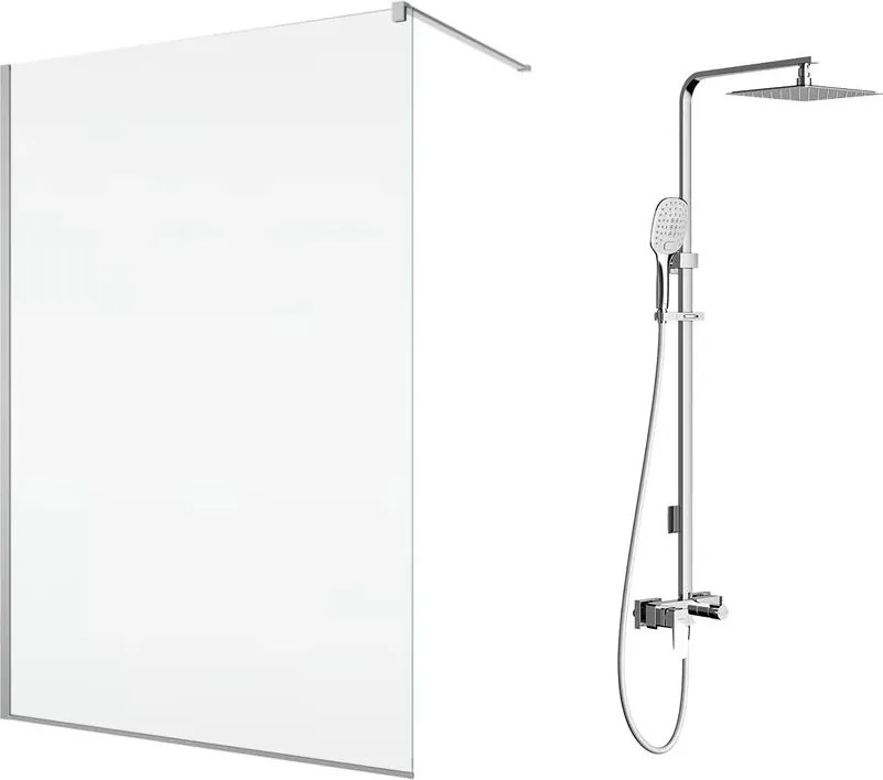 Pachet paravan dus Walk-In SanSwiss Easy crom 110x200 cm si coloana de dus Omnires Parma crom