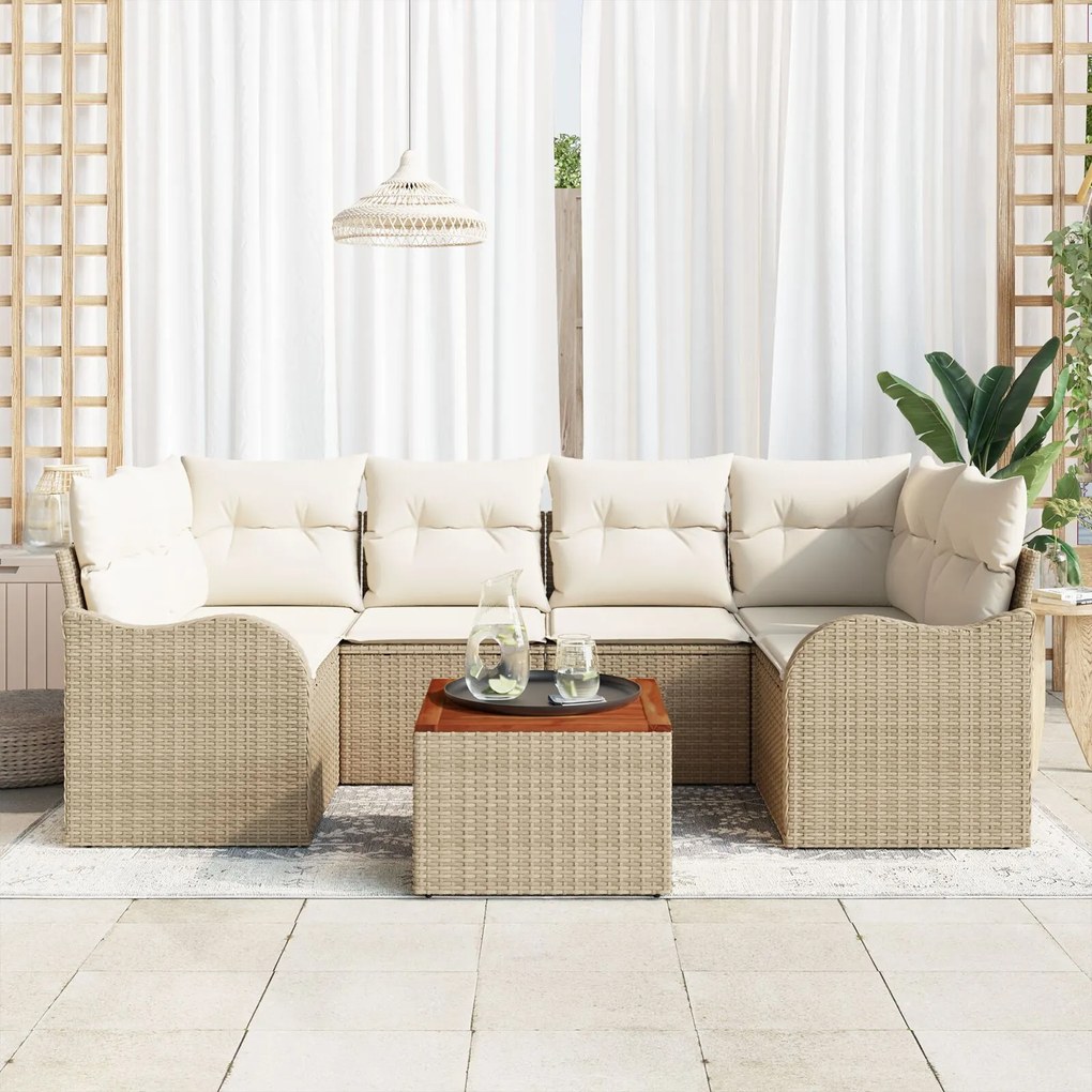 Set de canapea de grădină vidaXL cu 7 piese cu perne Bej Poli Ratan Acacia