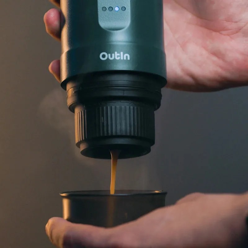 Espressor portabil Outin Nano Teal, 12/24 V, 7500mAh, 20bar, 80ml, Incarcare USB, Cafea macinata si capsule, Turcoaz