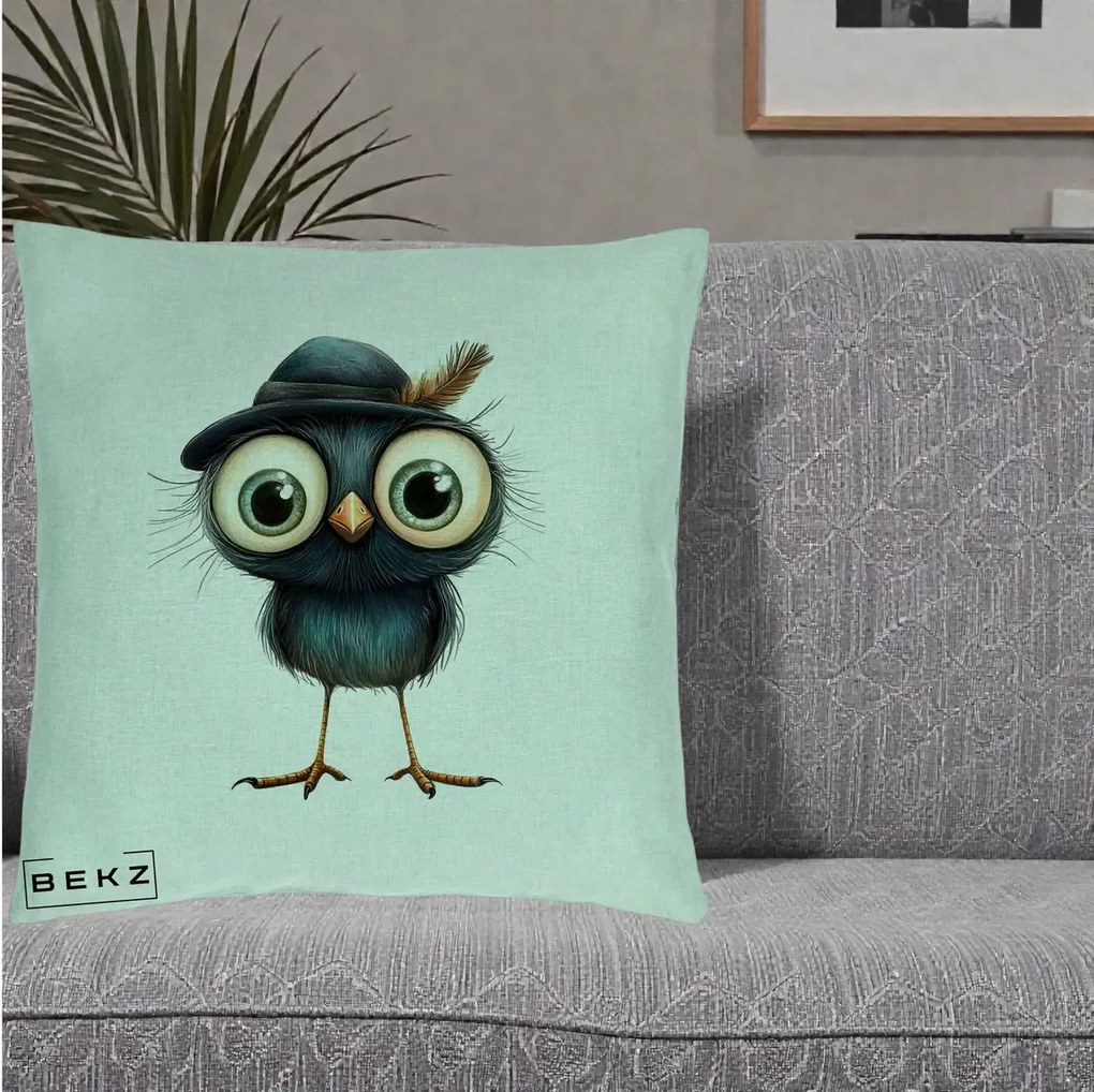 Perna Decorativa Pui Misterios cu Palarie Neagra, 40x40 cm, Verde Menta, Husa Detasabila, Perna Inclusa, BEKZ®