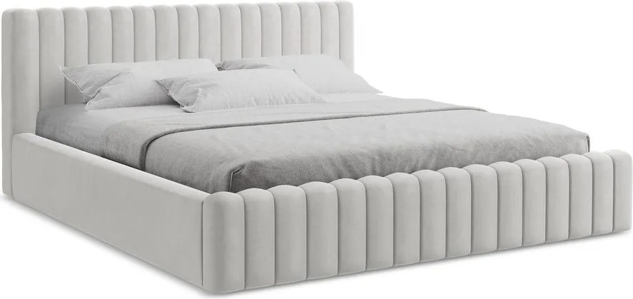 Pat matrimonial argintiu tapițat cu spațiu de depozitare cu somieră 140x200 cm Lemi – Makamii