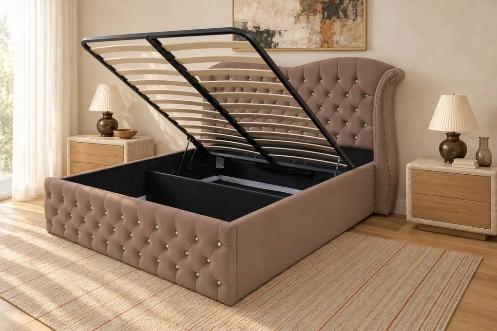 Pat tapițat Chesterfield Avella 180×200 cm, cappuccino, cu ladă de depozitare