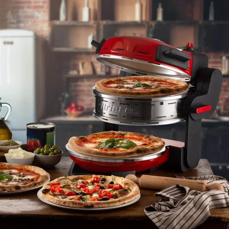 Cuptor dublu pentru pizza Ariete PIZZERIA 0927/00, 2300W, 32 cm, 2 termostate pana la 400C, 5 trepte, 2 placi de piatra, Acoperire antiaderenta, Rosu