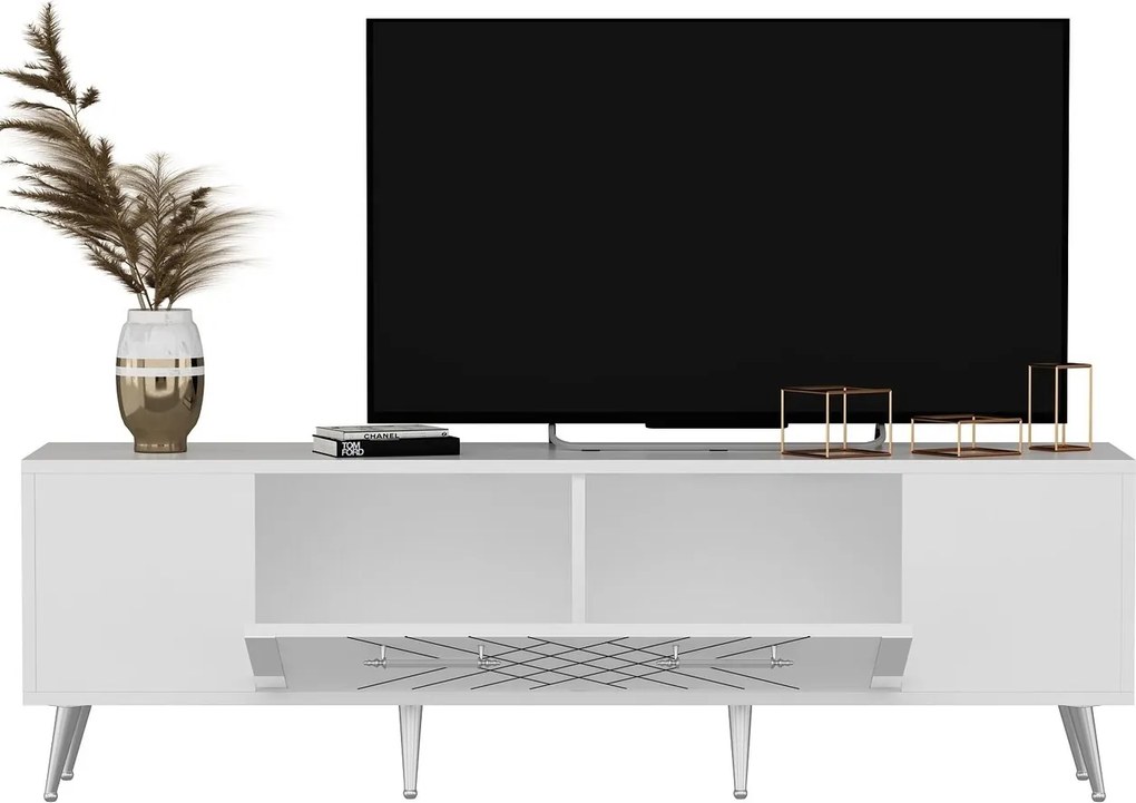 Comoda TV, Olivia, Detas, 150 x 48.2 x 35 cm, pal melaminat, alb/argintiu