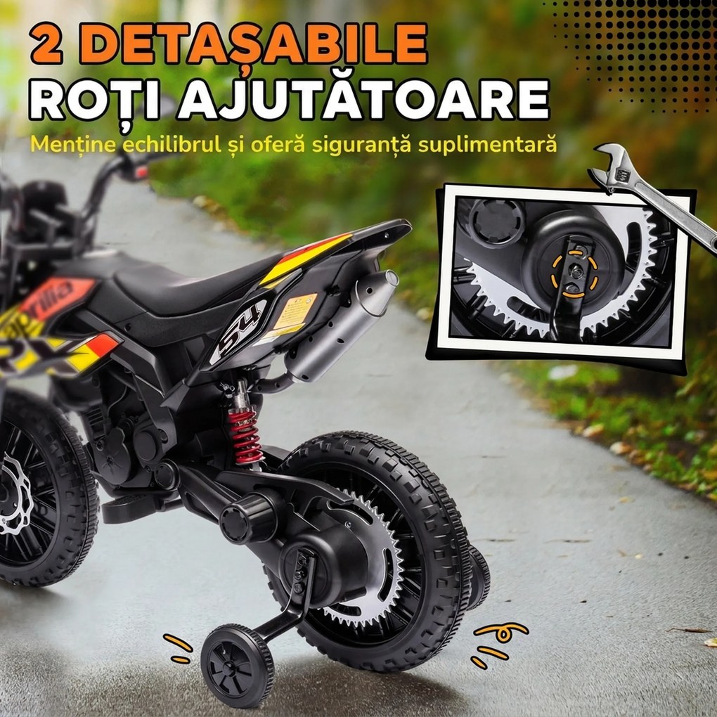 AIYAPLAY Motocicletă Electrică pentru Copii 3-8 Ani, 2 Motoare 12V, Roți Ajutătoare Detașabile, 30 kg, Galben | Aosom Romania