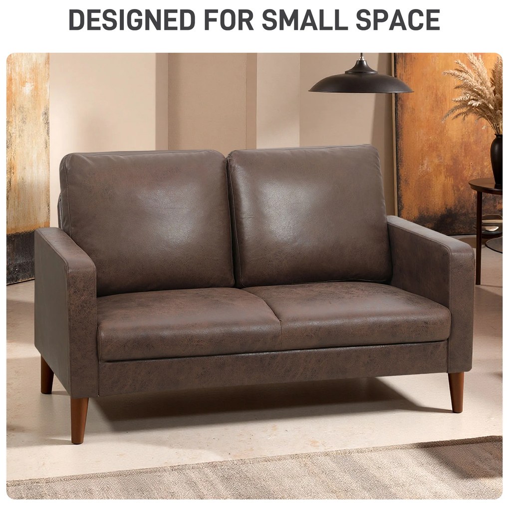 HOMCOM Divan cu 2 Locuri în Material Textil Efect Piele și Picioare din Lemn Maro | Aosom Romania