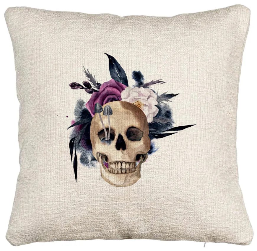 Perna Decorativa Canapea cu motiv Craniu si Flori de Halloween, 40x40 cm, Cu fermoar