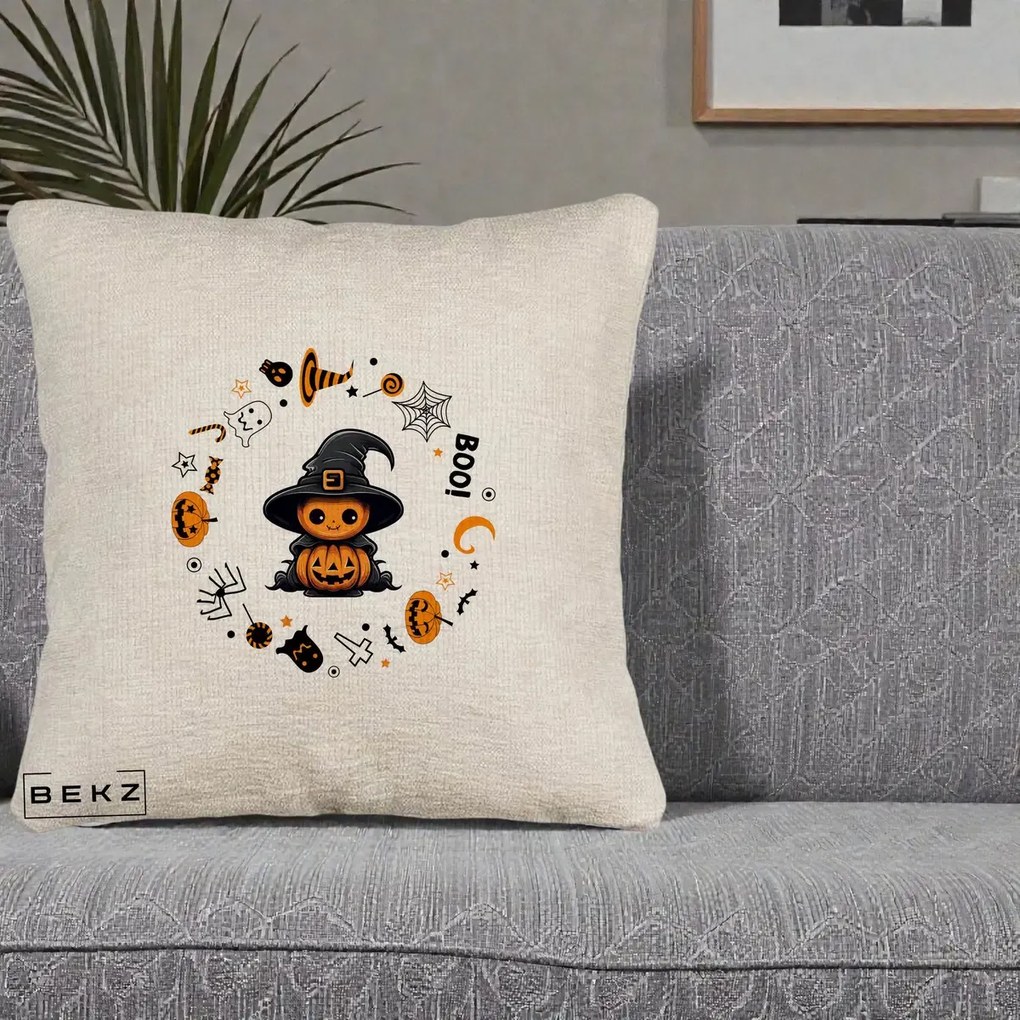 Perna Decorativa Halloween Dovleac Vrajitor Boo cu Simboluri, 40x40 cm, Bej Canapea, Husa Detasabila, Perna Inclusa, BEKZ®