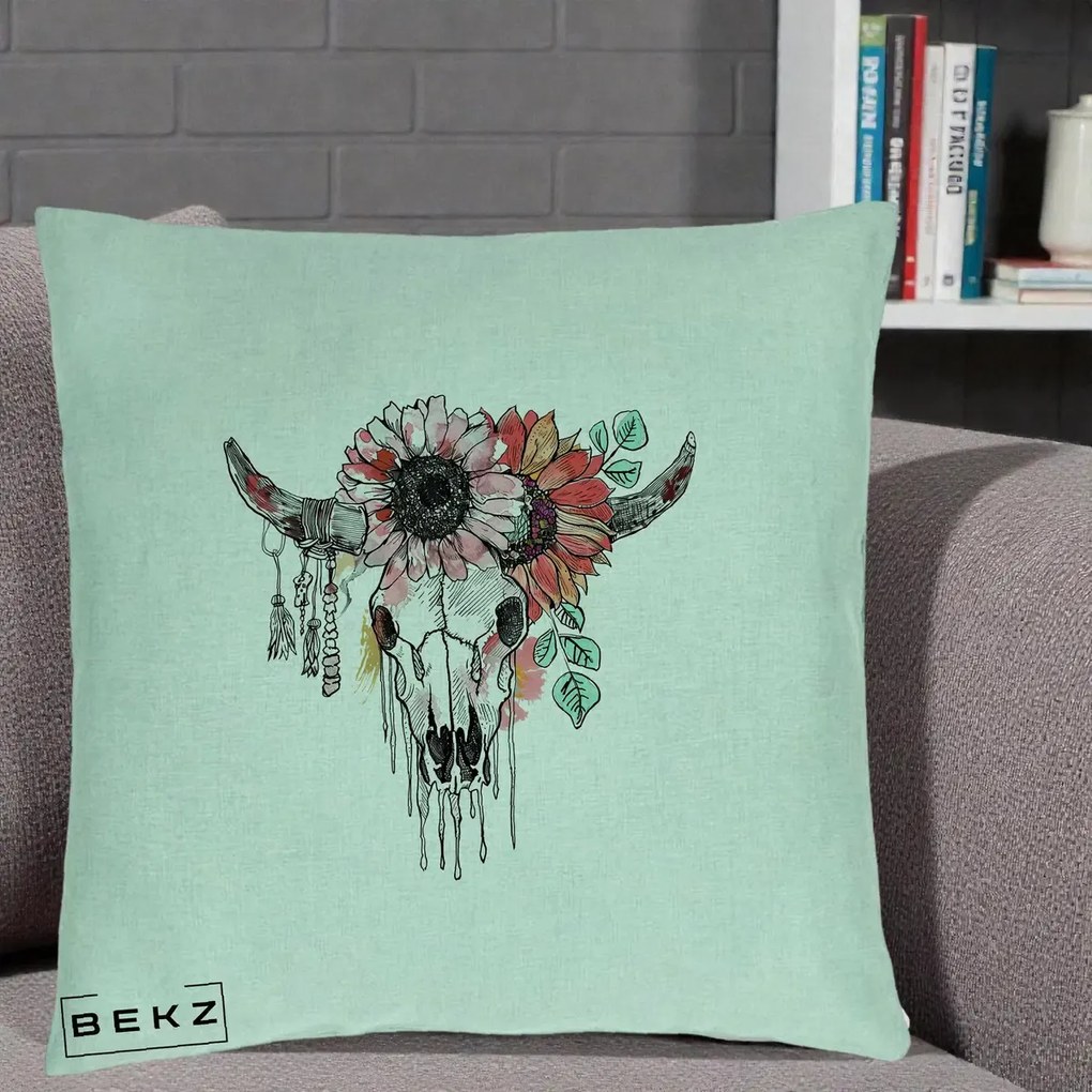 Perna Decorativa Craniu Boho Floral, 40x40 cm, Verde Menta, Husa Detasabila, Perna Inclusa, BEKZ®