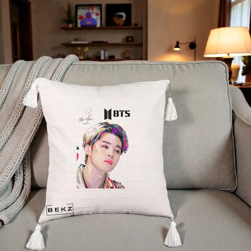 Perna personalizata K-pop BTS Jimin Portret Artistic Multicolor, 45x45 cm cu Umplutura, Bej cu Franjuri, BEKZ