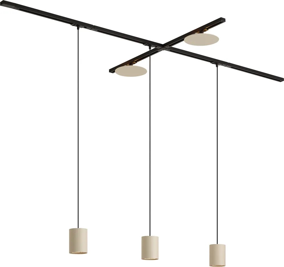 Sistem de iluminat pe șină modern negru cu 3 lămpi suspendate și 2 plafoniere bej monofazate - Iconic Holt Pulley