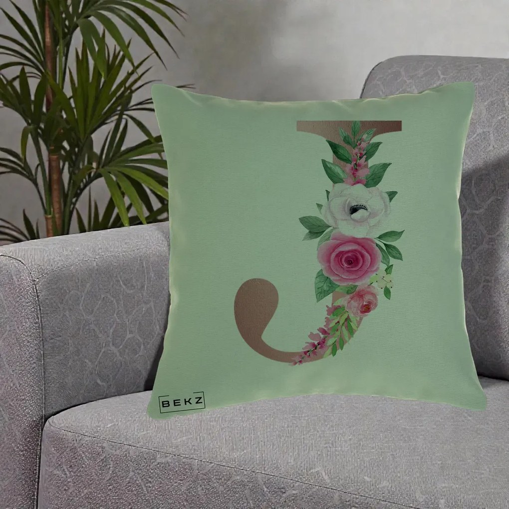 Cadou Personalizat - Perna Personalizata Monograma Rose Gold Litera J, 40x40 cm, Verde, Husa Detasabila, Perna Inclusa, BEKZ®