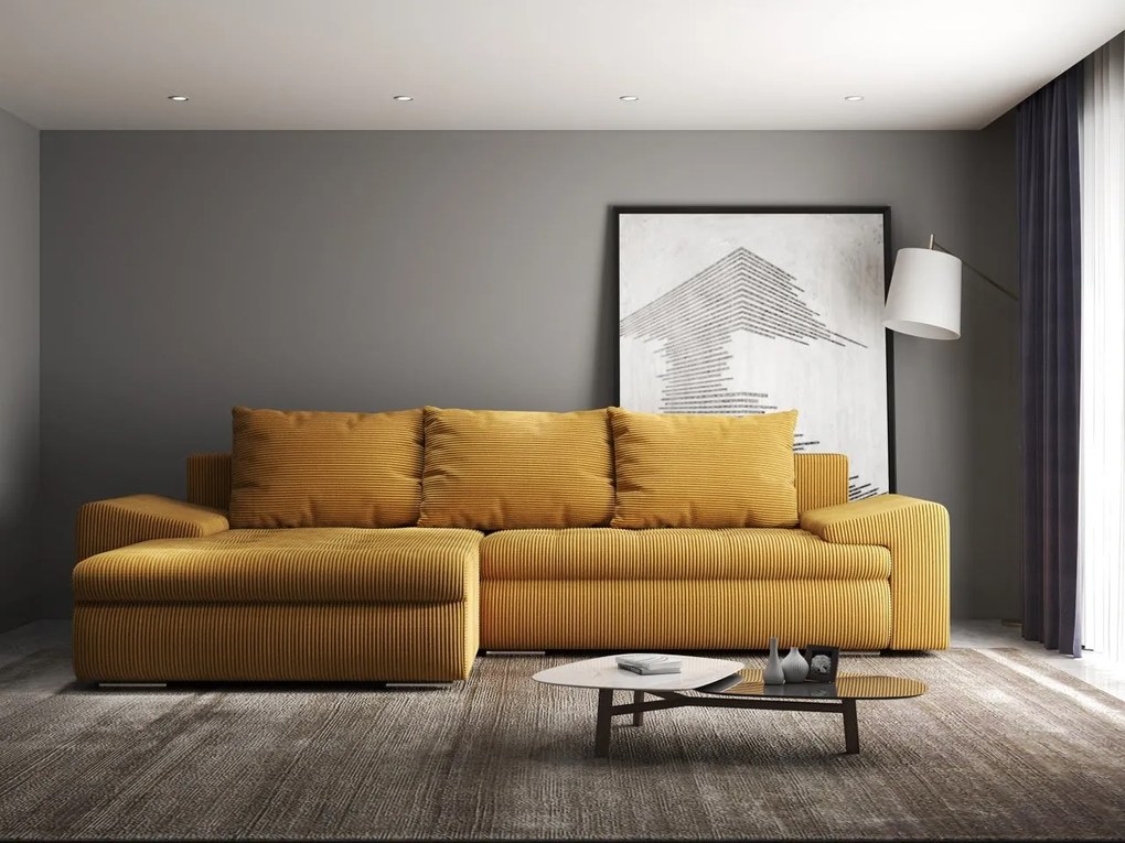 Colțar extensibil dumonde cu ladă de depozitare si sezut confortabil din spuma high-density, Leonardo Zoom Mustar 260x185 cm