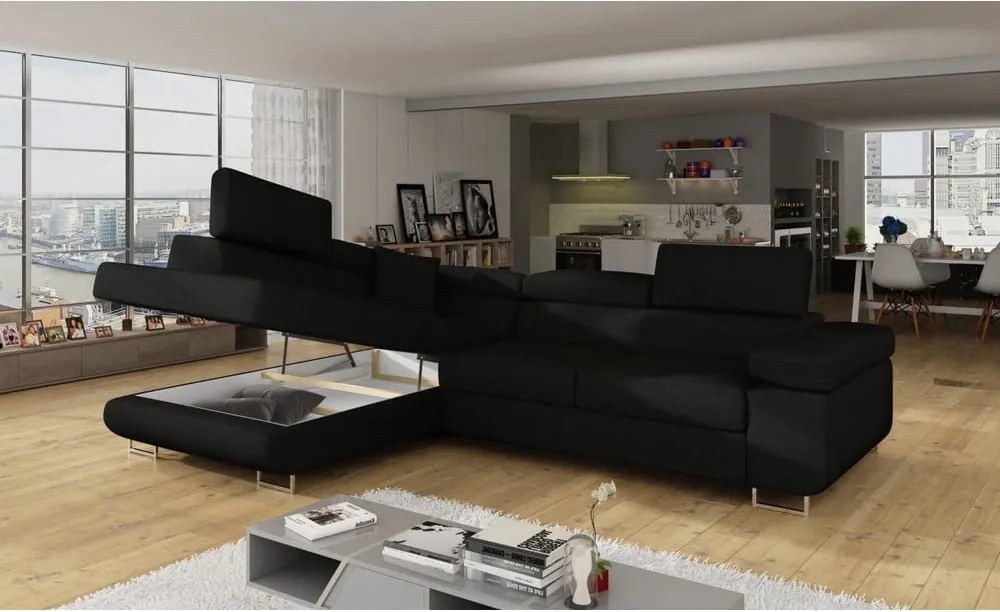 Colțar negru extensibil/cu spațiu de depozitare (cu colț pe partea stângă/în formă de ”L”) Anton – ELTAP