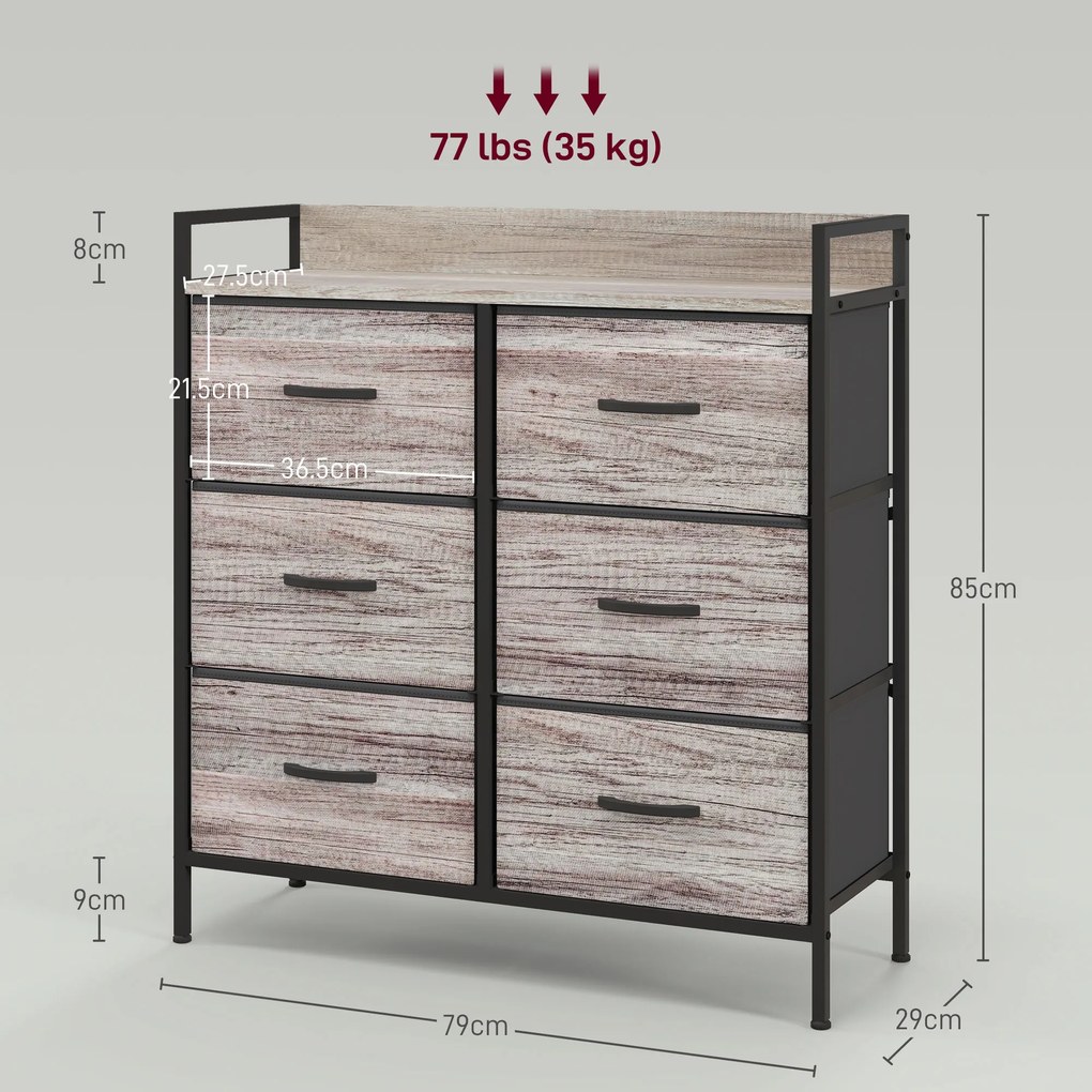 HOMCOM Comodă, mobilier de depozitare pentru dormitor cu 6 sertare din material nețesut, cadru din oțel, 79 x 29 x 85 cm, efect lemn gri | Aosom Romania